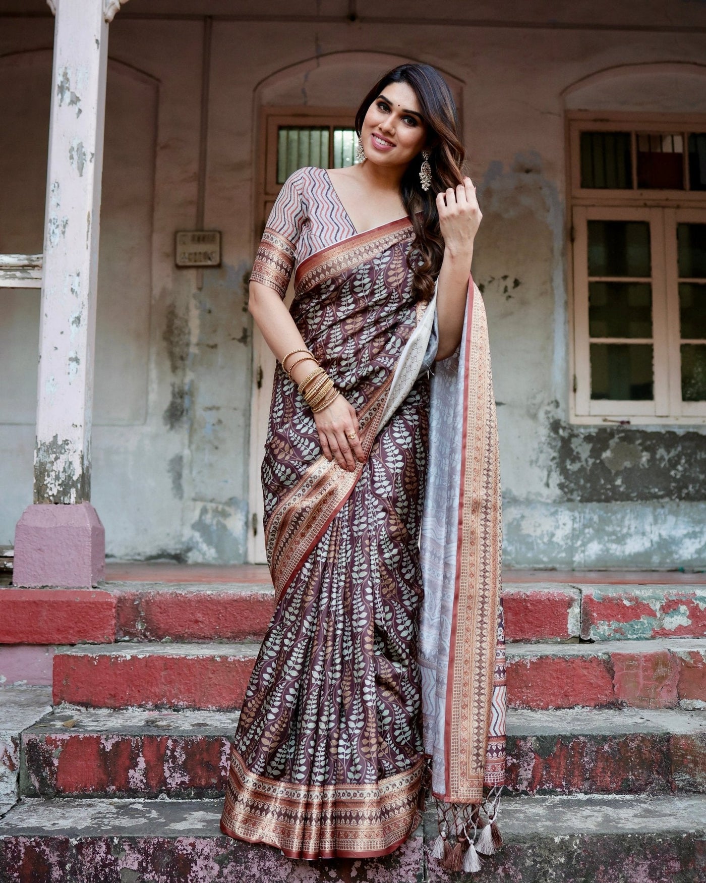 Pure Silk Digitally Printed Saree Weaved With Golden Zari Comes With Tassels - Almaari Fashion