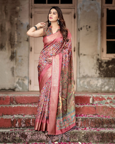 Pure Silk Digitally Printed Saree Weaved With Golden Zari Comes With Tassels - Almaari Fashion