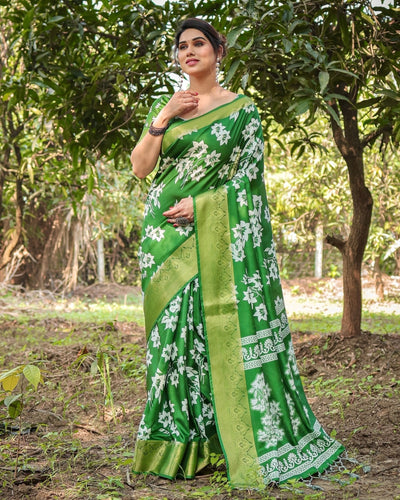 Pure Silk Digitally Printed Saree Weaved With Golden Zari Comes With Tassels - Almaari Fashion