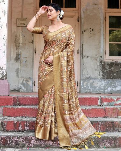 Pure Silk Digitally Printed Saree Weaved With Golden Zari Comes With Tassels - Almaari Fashion