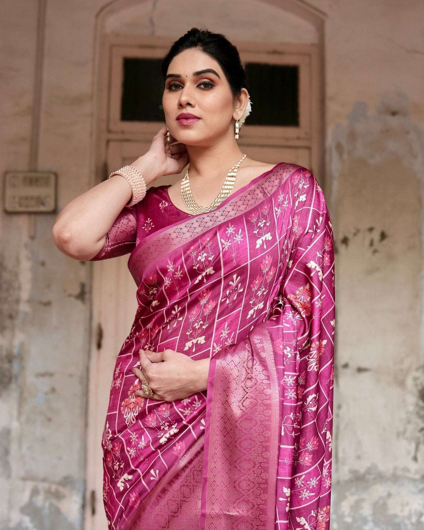 Pure Silk Digitally Printed Saree Weaved With Golden Zari Comes With Tassels - Almaari Fashion