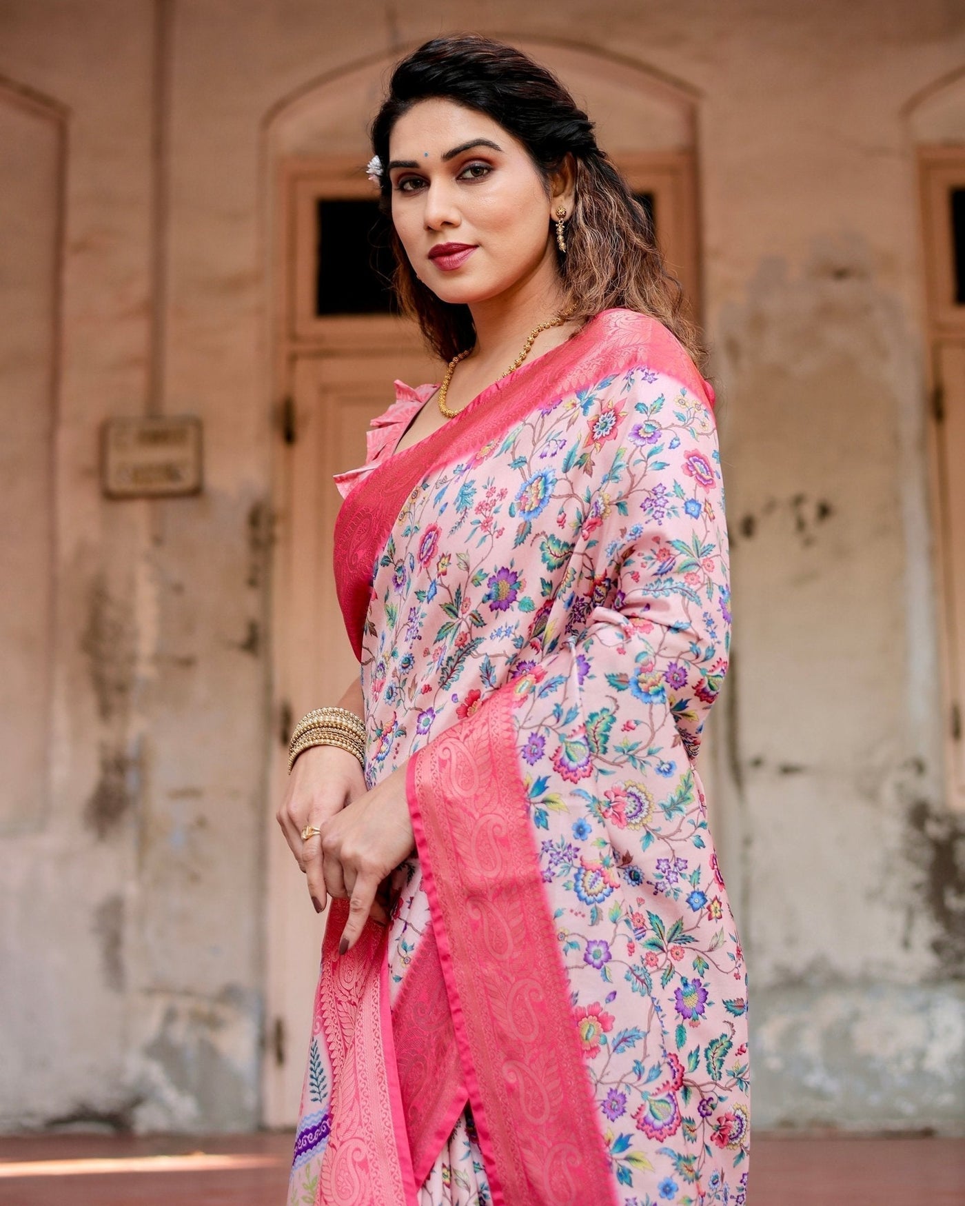 Pure Silk Digitally Printed Saree Weaved With Golden Zari Comes With Tassels - Almaari Fashion