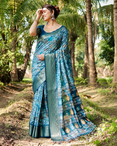 Pure Silk Digitally Printed Saree Weaved With Golden Zari Comes With Tassels - Almaari Fashion