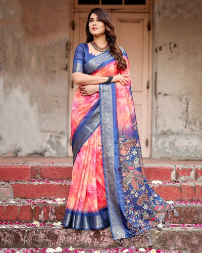 Pure Silk Digitally Printed Saree Weaved With Golden Zari Comes With Tassels - Almaari Fashion