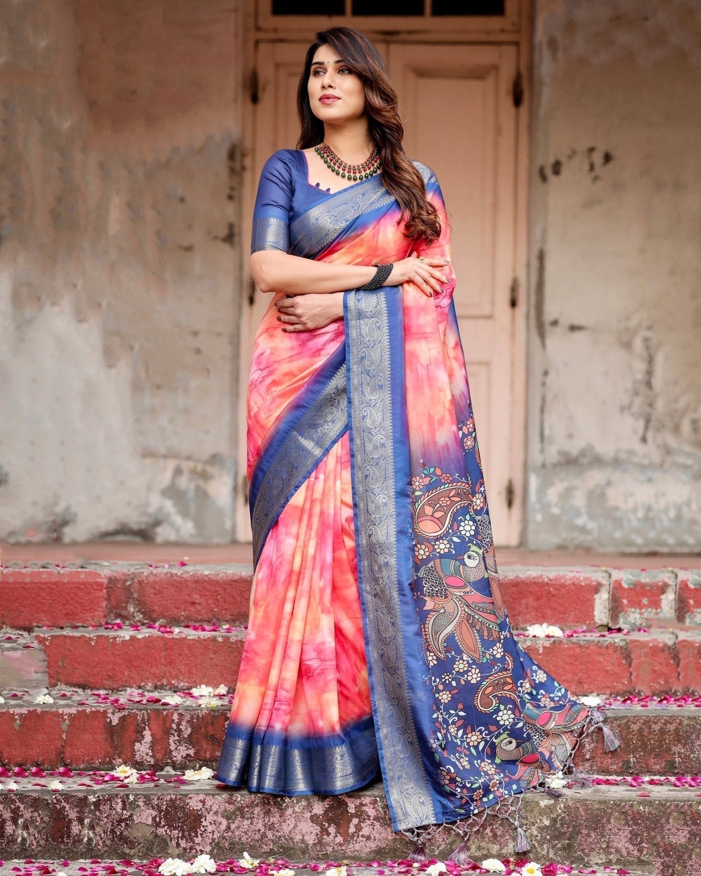 Pure Silk Digitally Printed Saree Weaved With Golden Zari Comes With Tassels - Almaari Fashion