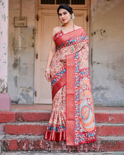 Pure Silk Digitally Printed Saree Weaved With Golden Zari Comes With Tassels - Almaari Fashion