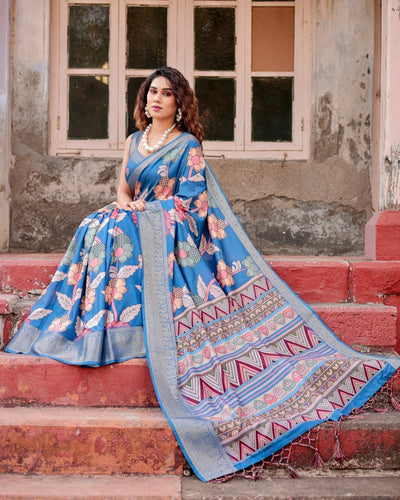 Pure Silk Digitally Printed Saree Weaved With Golden Zari Comes With Tassels - Almaari Fashion