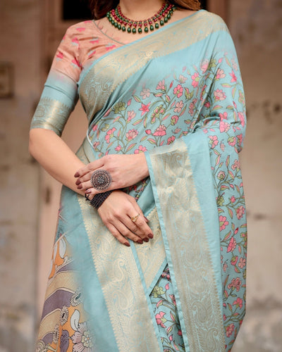 Pure Silk Digitally Printed Saree Weaved With Golden Zari Comes With Tassels - Almaari Fashion