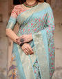 Sky Blue Banarasi Silk Saree with Intricate Zari Border and Artistic Pallu Design