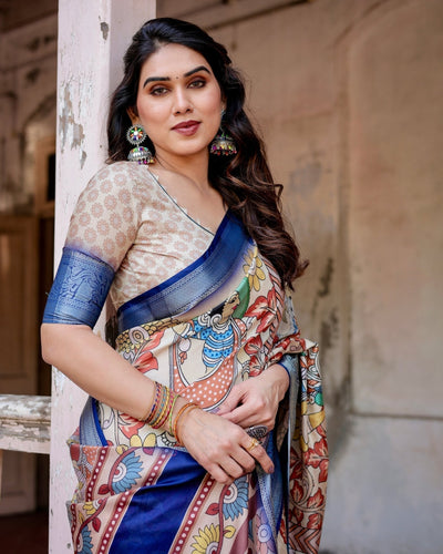 Pure Silk Digitally Printed Saree Weaved With Golden Zari Comes With Tassels - Almaari Fashion