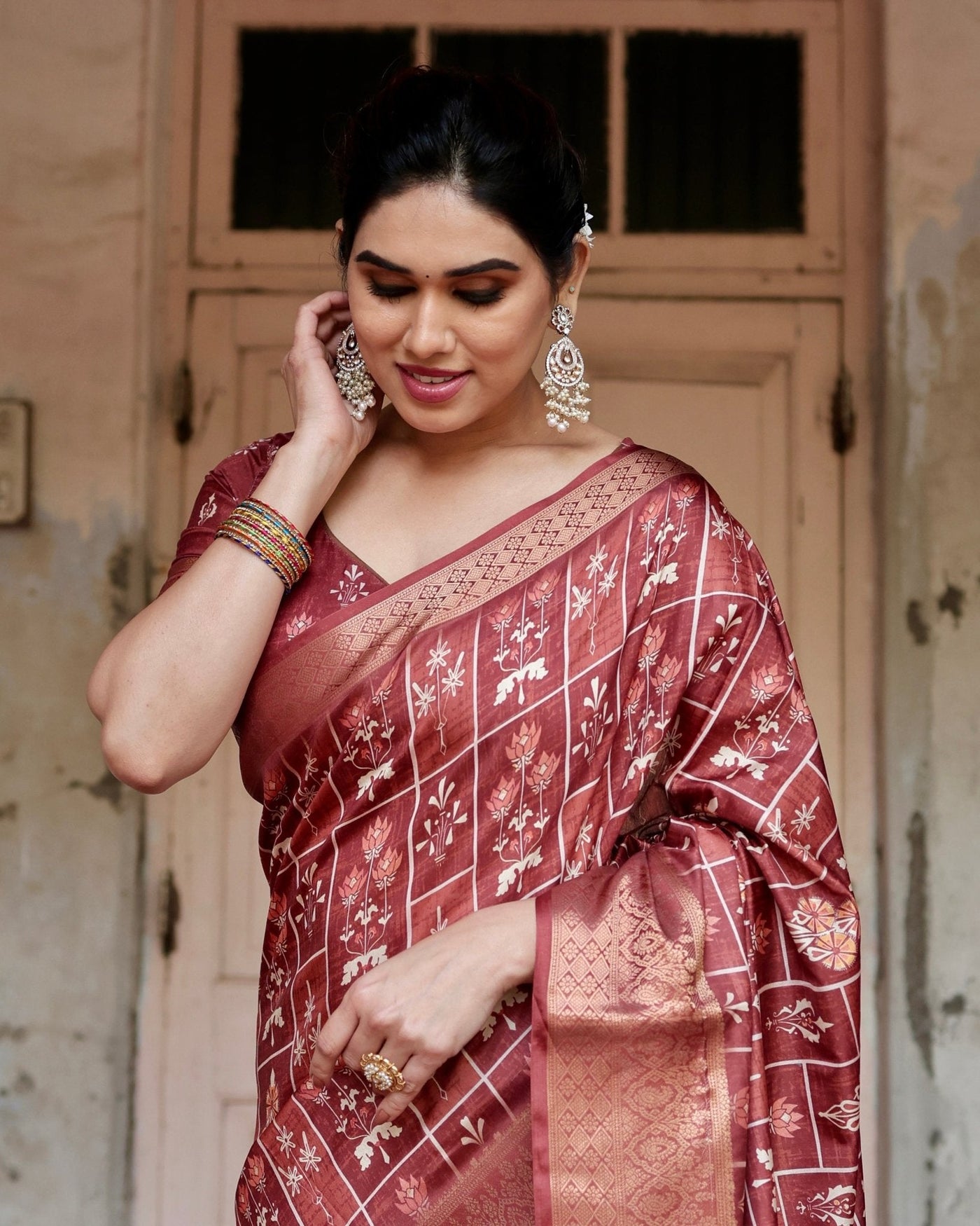 Pure Silk Digitally Printed Saree Weaved With Golden Zari Comes With Tassels - Almaari Fashion