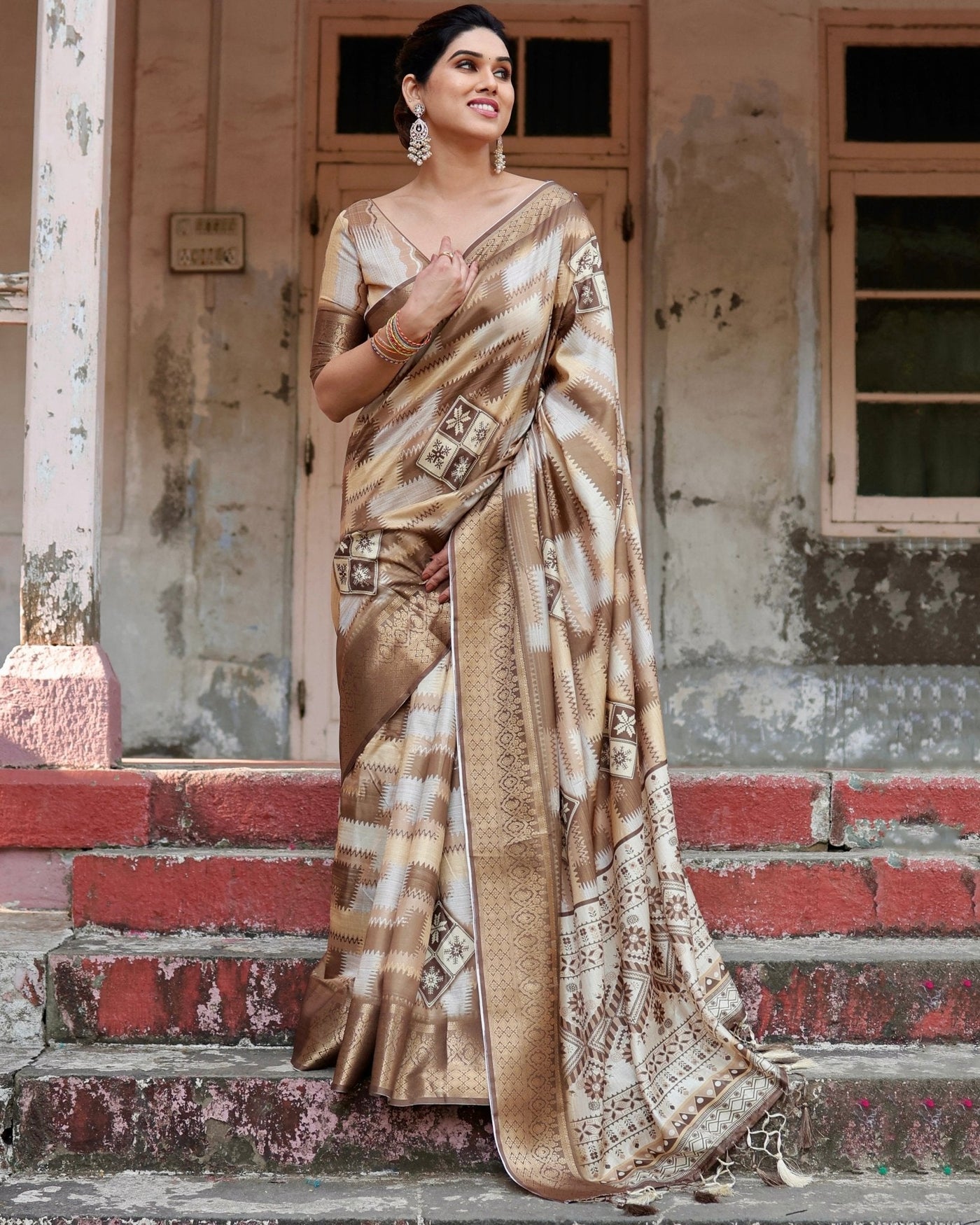 Pure Silk Digitally Printed Saree Weaved With Golden Zari Comes With Tassels - Almaari Fashion