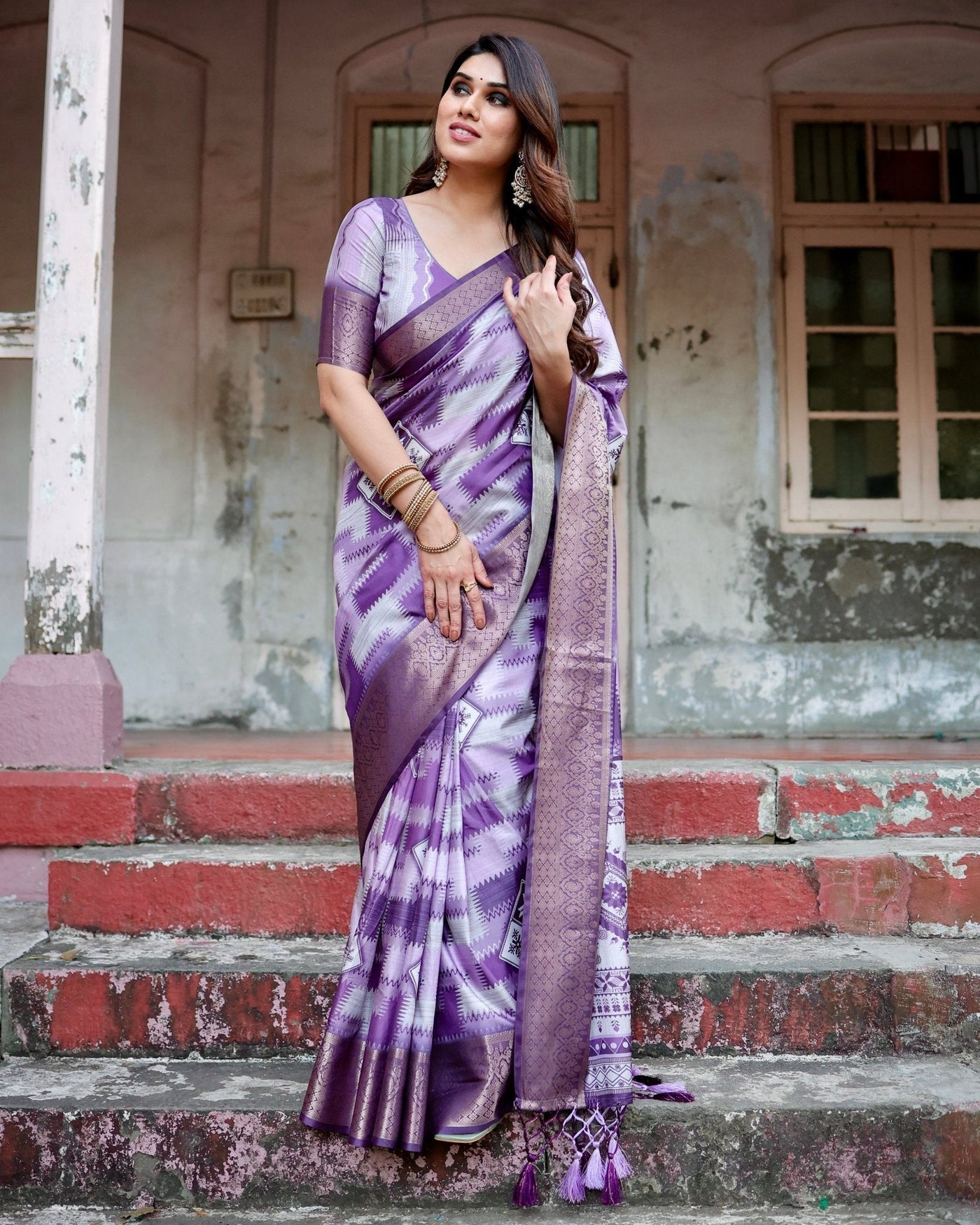 Pure Silk Digitally Printed Saree Weaved With Golden Zari Comes With Tassels - Almaari Fashion