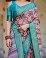 Maroon and Teal Banarasi Silk Saree with Floral Zari Weave and Striped Pallu