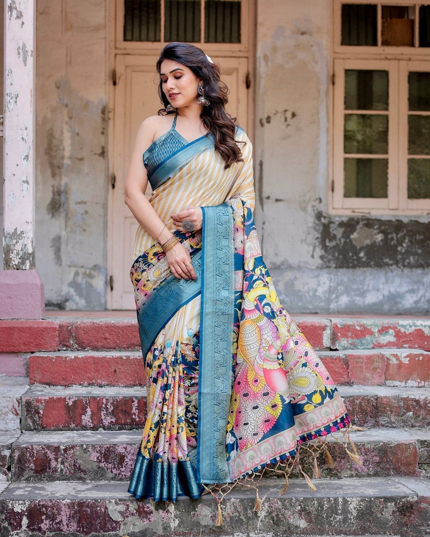 Pure Silk Digitally Printed Saree Weaved With Golden Zari Comes With Tassels - Almaari Fashion