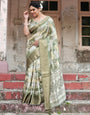 Olive Green Geometric Pure Silk Digital Print Saree with Gold Border and Tassels