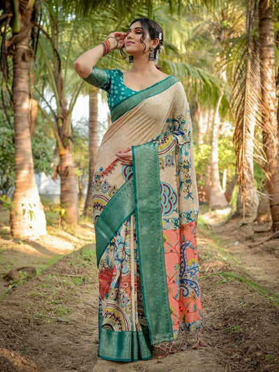 Pure Silk Digitally Printed Saree Weaved With Golden Zari Comes With Tassels - Almaari Fashion