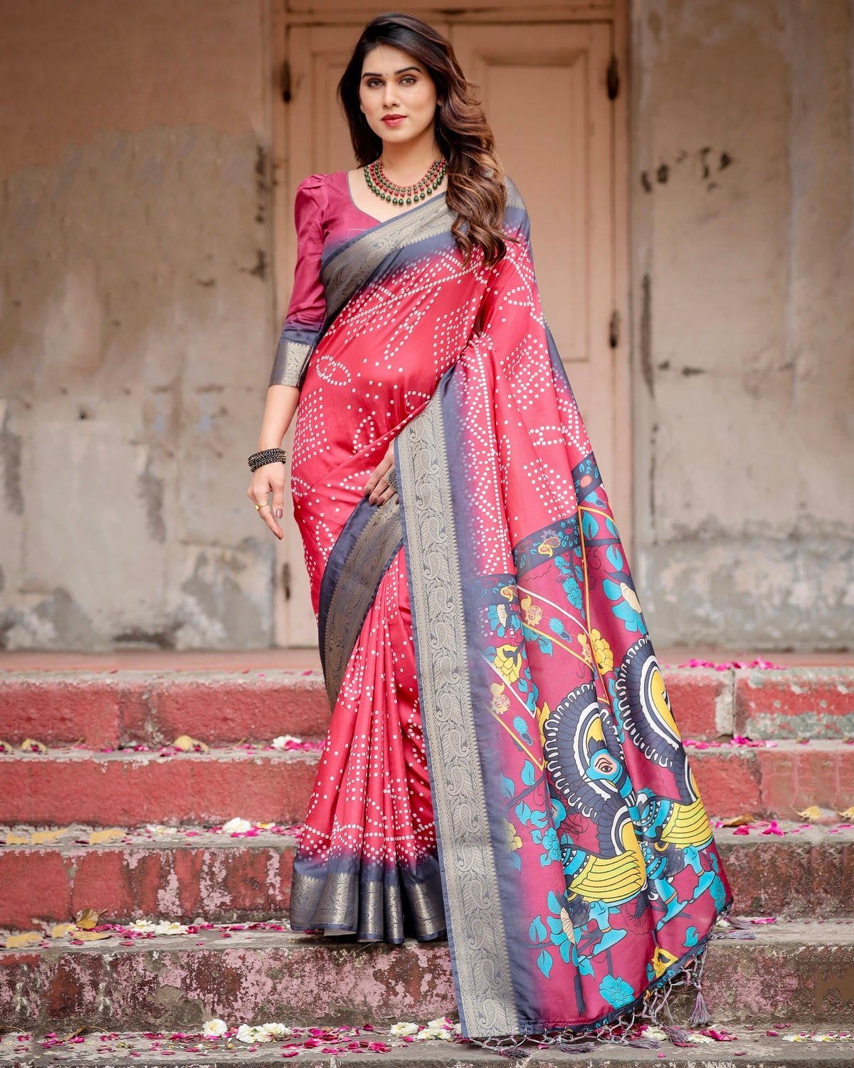 Pure Silk Digitally Printed Saree Weaved With Golden Zari Comes With Tassels - Almaari Fashion