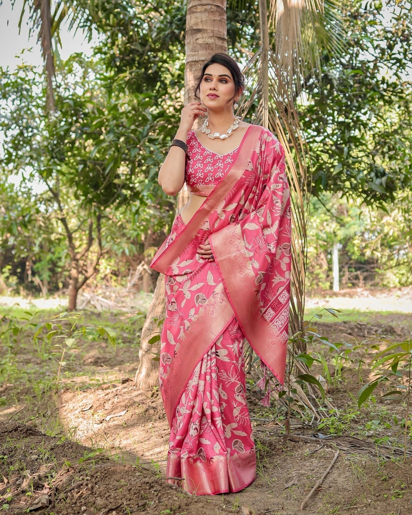 Pure Silk Digitally Printed Saree Weaved With Golden Zari Comes With Tassels - Almaari Fashion