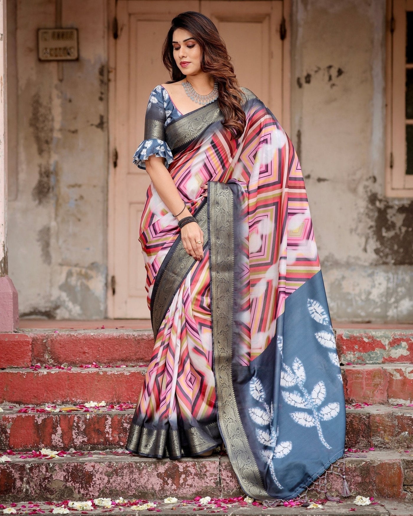 Pure Silk Digitally Printed Saree Weaved With Golden Zari Comes With Tassels - Almaari Fashion