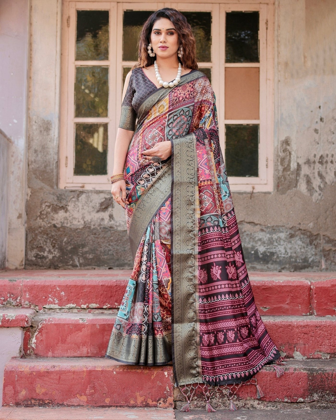 Pure Silk Digitally Printed Saree Weaved With Golden Zari Comes With Tassels - Almaari Fashion