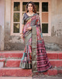 Pure Silk Digitally Printed Saree Weaved With Golden Zari Comes With Tassels