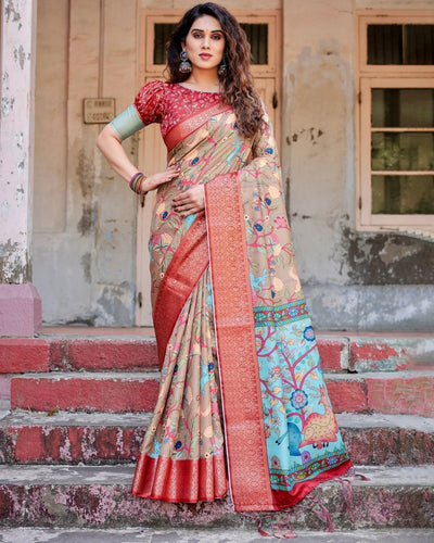 Pure Silk Digitally Printed Saree Weaved With Golden Zari Comes With Tassels - Almaari Fashion