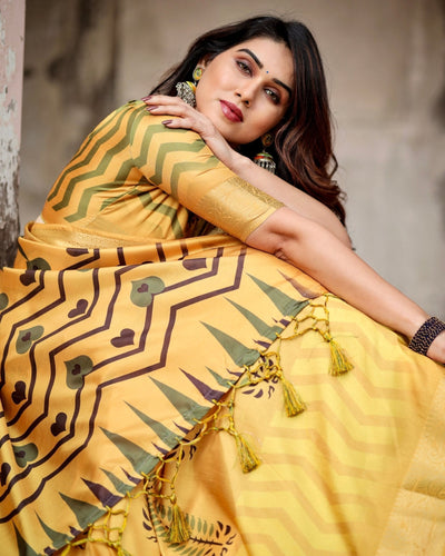 Pure Silk Digitally Printed Saree Weaved With Golden Zari Comes With Tassels - Almaari Fashion