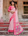 Pink and Ivory Tussar Silk Saree with Golden Zari Border and Majestic Elephant Motif Pallu