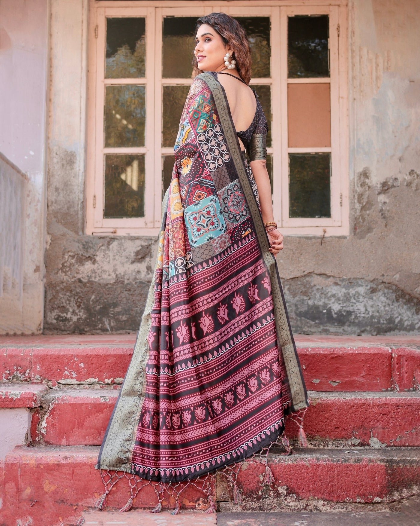 Pure Silk Digitally Printed Saree Weaved With Golden Zari Comes With Tassels - Almaari Fashion