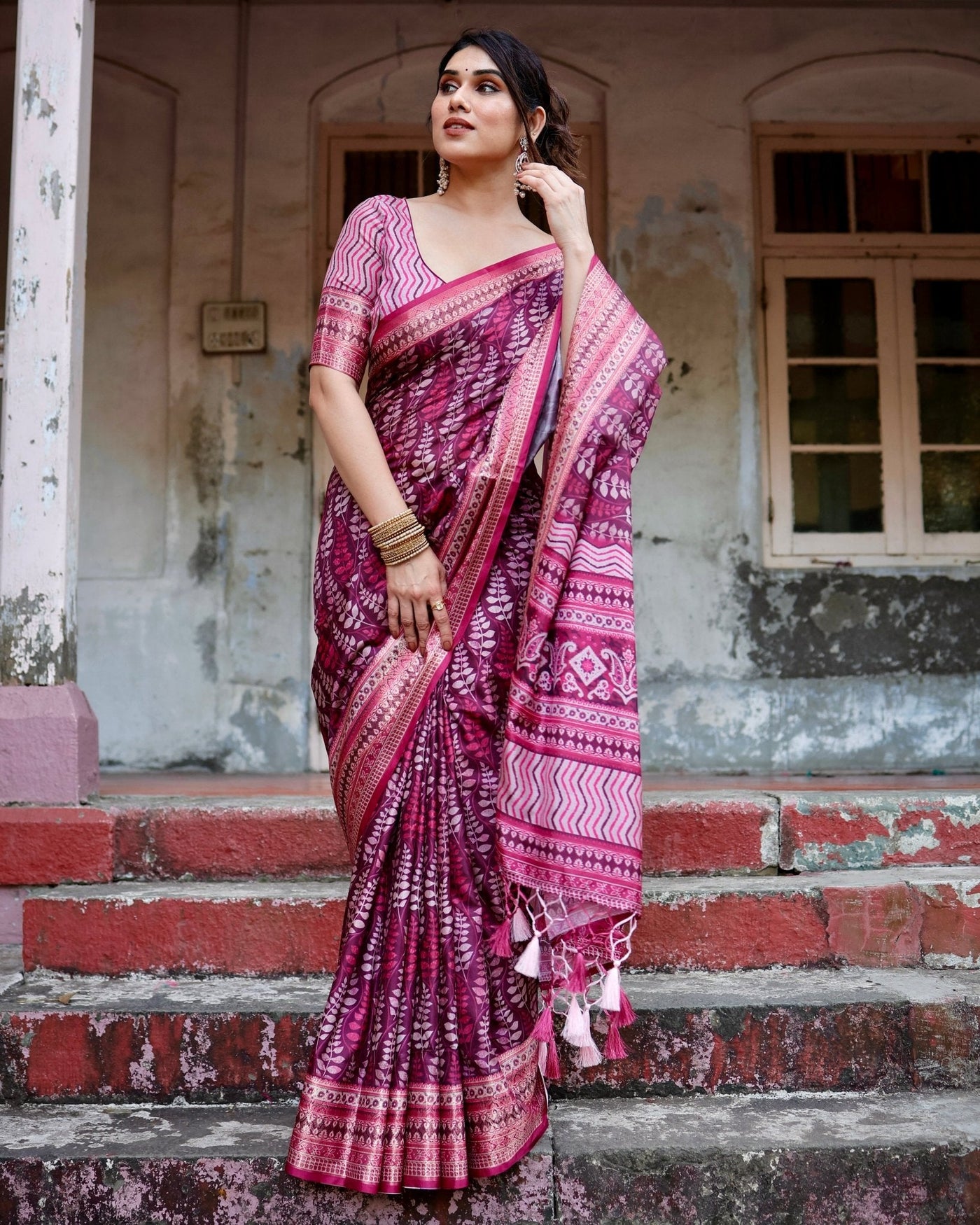 Pure Silk Digitally Printed Saree Weaved With Golden Zari Comes With Tassels - Almaari Fashion