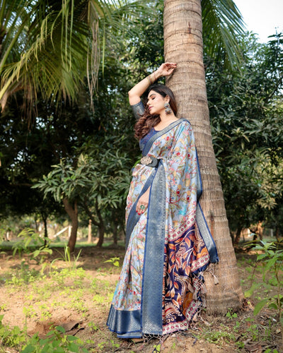 Pure Silk Digitally Printed Saree Weaved With Golden Zari Comes With Tassels - Almaari Fashion