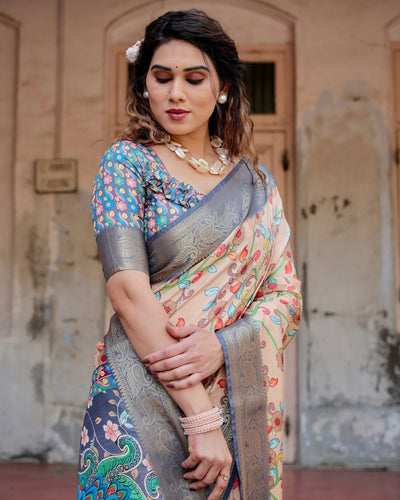 Pure Silk Digitally Printed Saree Weaved With Golden Zari Comes With Tassels - Almaari Fashion