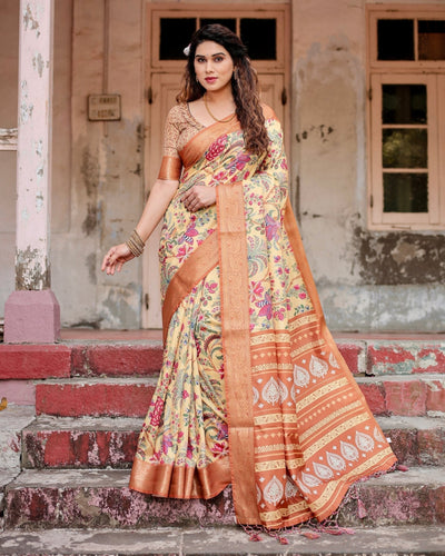 Pure Silk Digitally Printed Saree Weaved With Golden Zari Comes With Tassels - Almaari Fashion