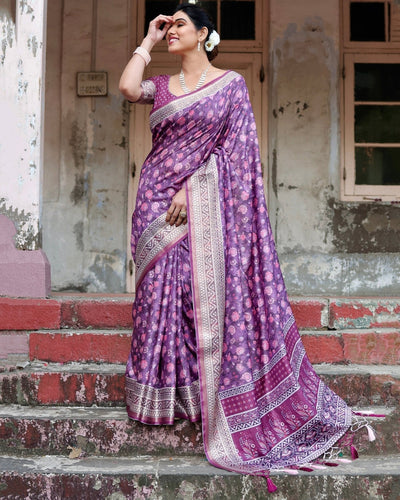 Pure Silk Digitally Printed Saree Weaved With Golden Zari Comes With Tassels - Almaari Fashion