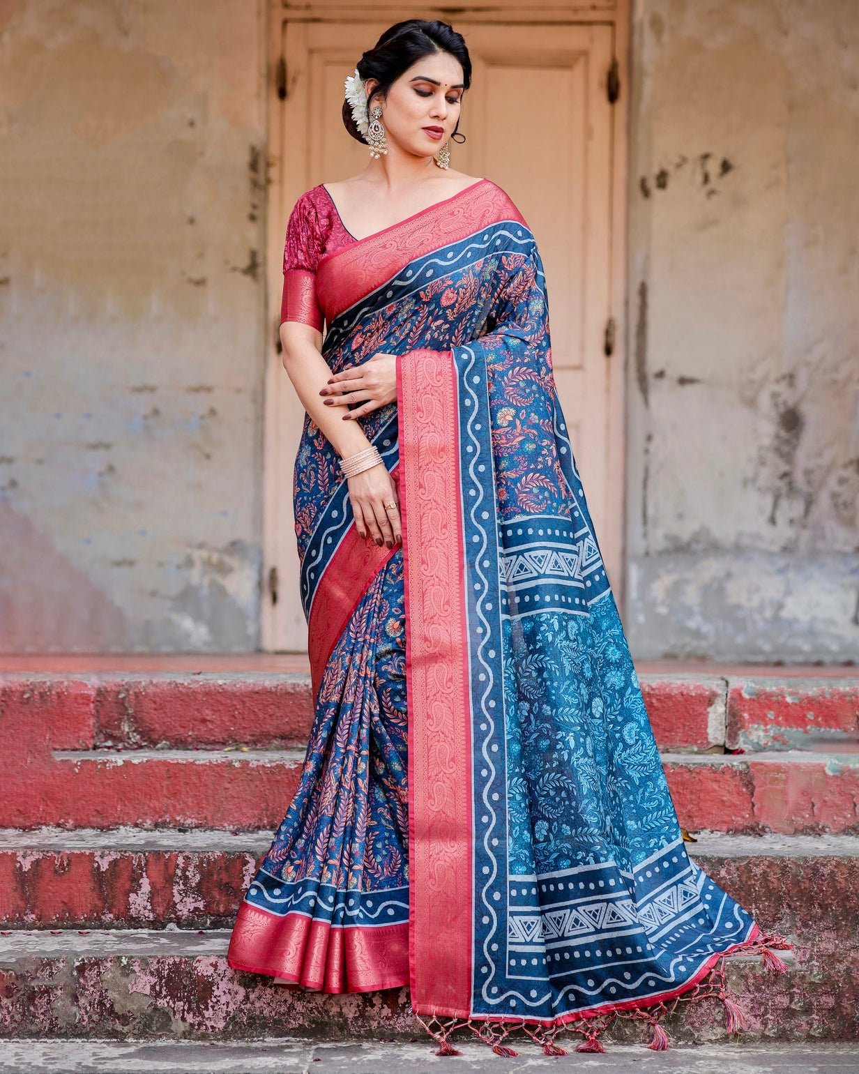 Pure Silk Digitally Printed Saree Weaved With Golden Zari Comes With Tassels - Almaari Fashion