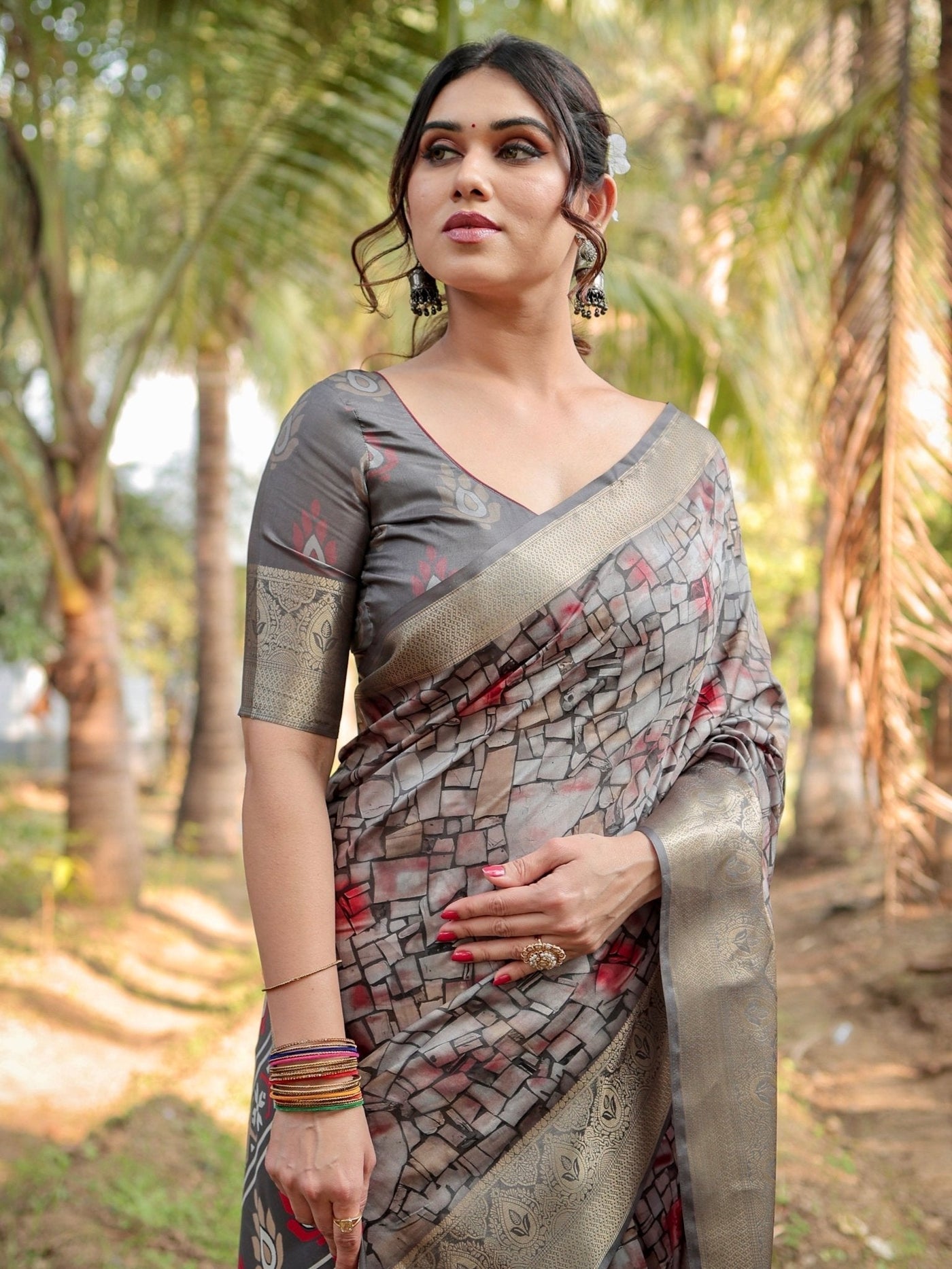 Pure Silk Digitally Printed Saree Weaved With Golden Zari Comes With Tassels - Almaari Fashion