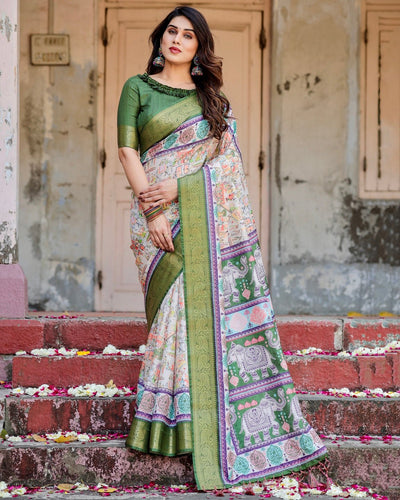 Pure Silk Digitally Printed Saree Weaved With Golden Zari Comes With Tassels - Almaari Fashion