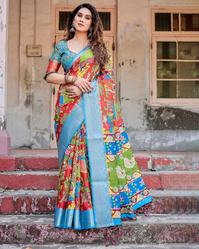 Pure Silk Digitally Printed Saree Weaved With Golden Zari Comes With Tassels - Almaari Fashion