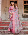 Graceful Grey Tussar Silk Saree with Pink Zari Border and Intricate Floral Motifs