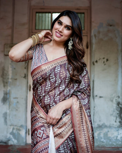 Pure Silk Digitally Printed Saree Weaved With Golden Zari Comes With Tassels - Almaari Fashion