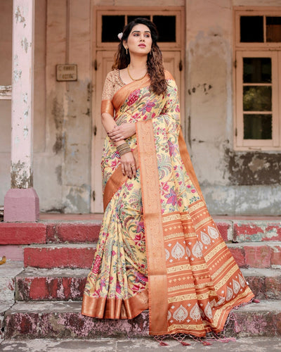 Pure Silk Digitally Printed Saree Weaved With Golden Zari Comes With Tassels - Almaari Fashion