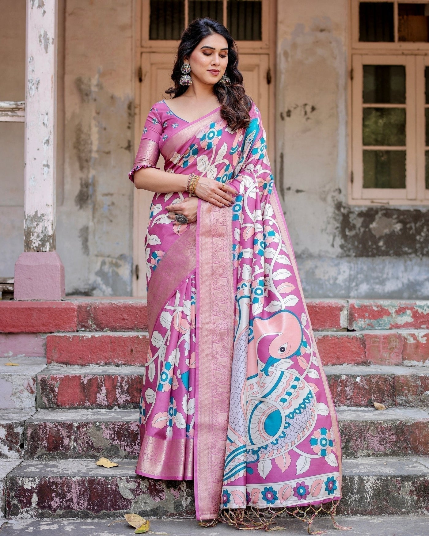 Pure Silk Digitally Printed Saree Weaved With Golden Zari Comes With Tassels - Almaari Fashion