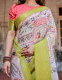 Pastel Banarasi Silk Saree with Lime Green Zari Border and Hand-Painted Heritage Designs