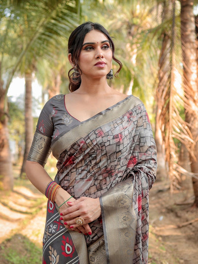 Pure Silk Digitally Printed Saree Weaved With Golden Zari Comes With Tassels - Almaari Fashion