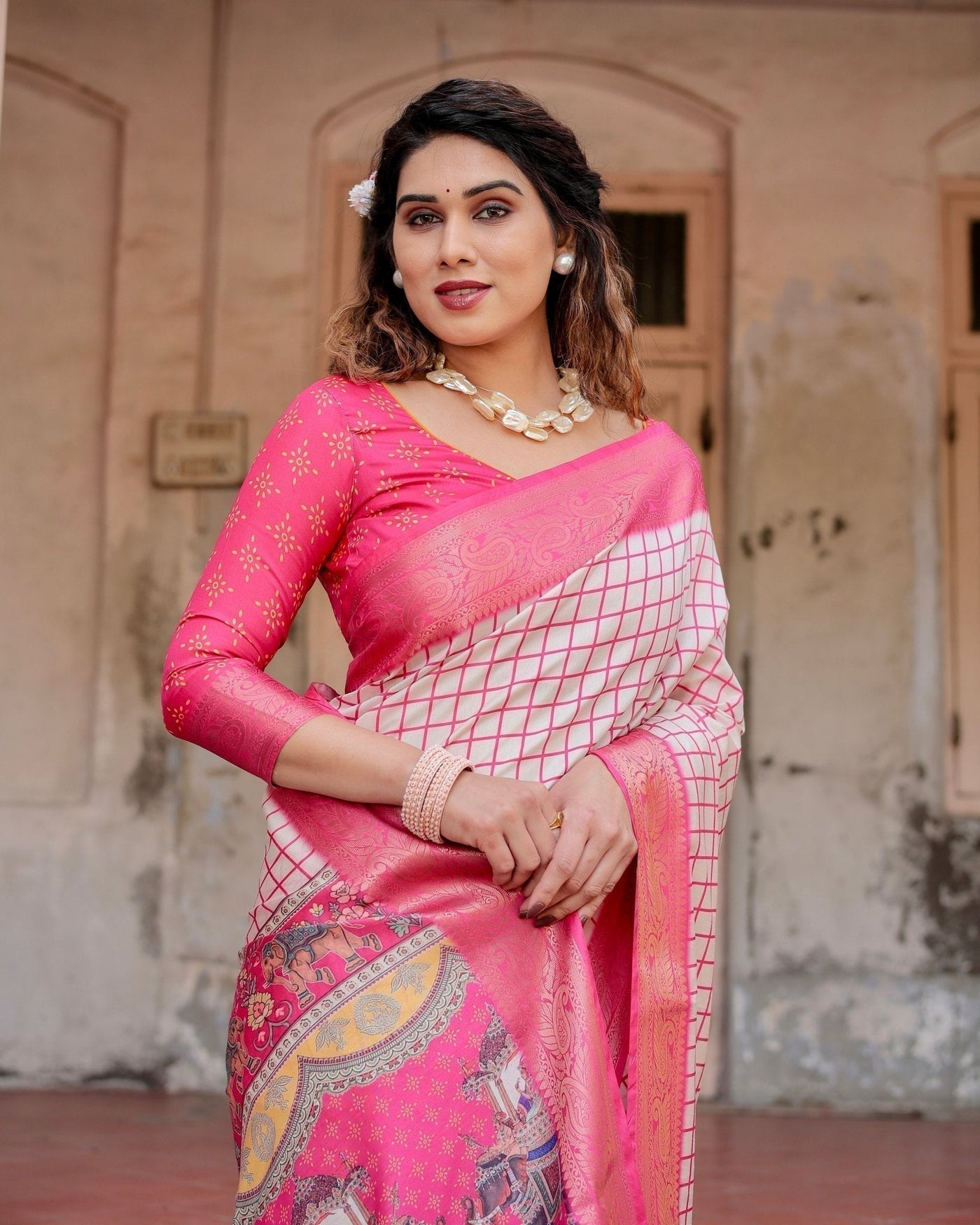 Pure Silk Digitally Printed Saree Weaved With Golden Zari Comes With Tassels - Almaari Fashion