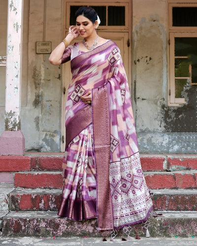 Pure Silk Digitally Printed Saree Weaved With Golden Zari Comes With Tassels - Almaari Fashion