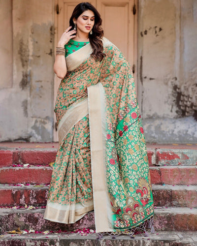 Pure Silk Digitally Printed Saree Weaved With Golden Zari Comes With Tassels - Almaari Fashion