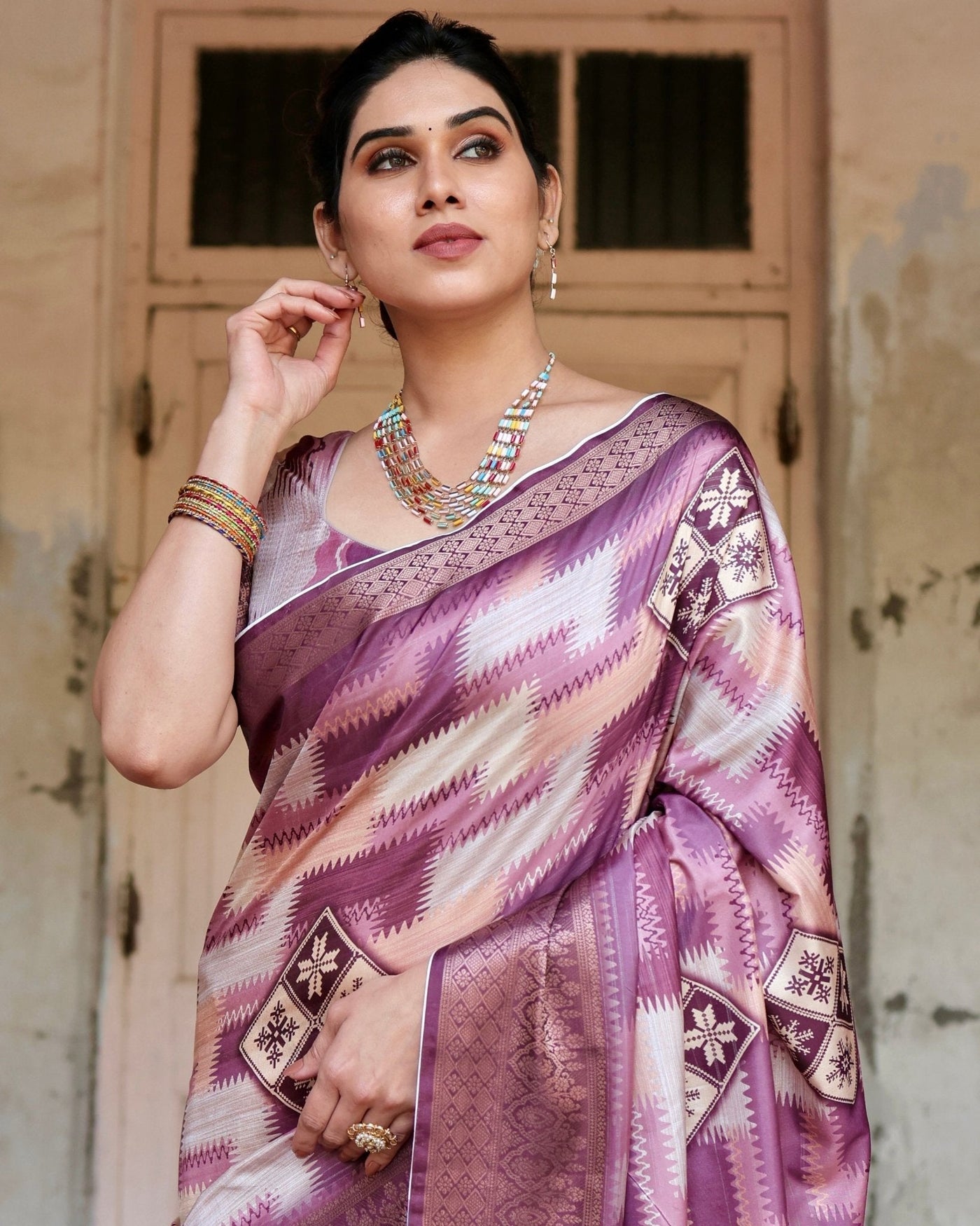 Pure Silk Digitally Printed Saree Weaved With Golden Zari Comes With Tassels - Almaari Fashion