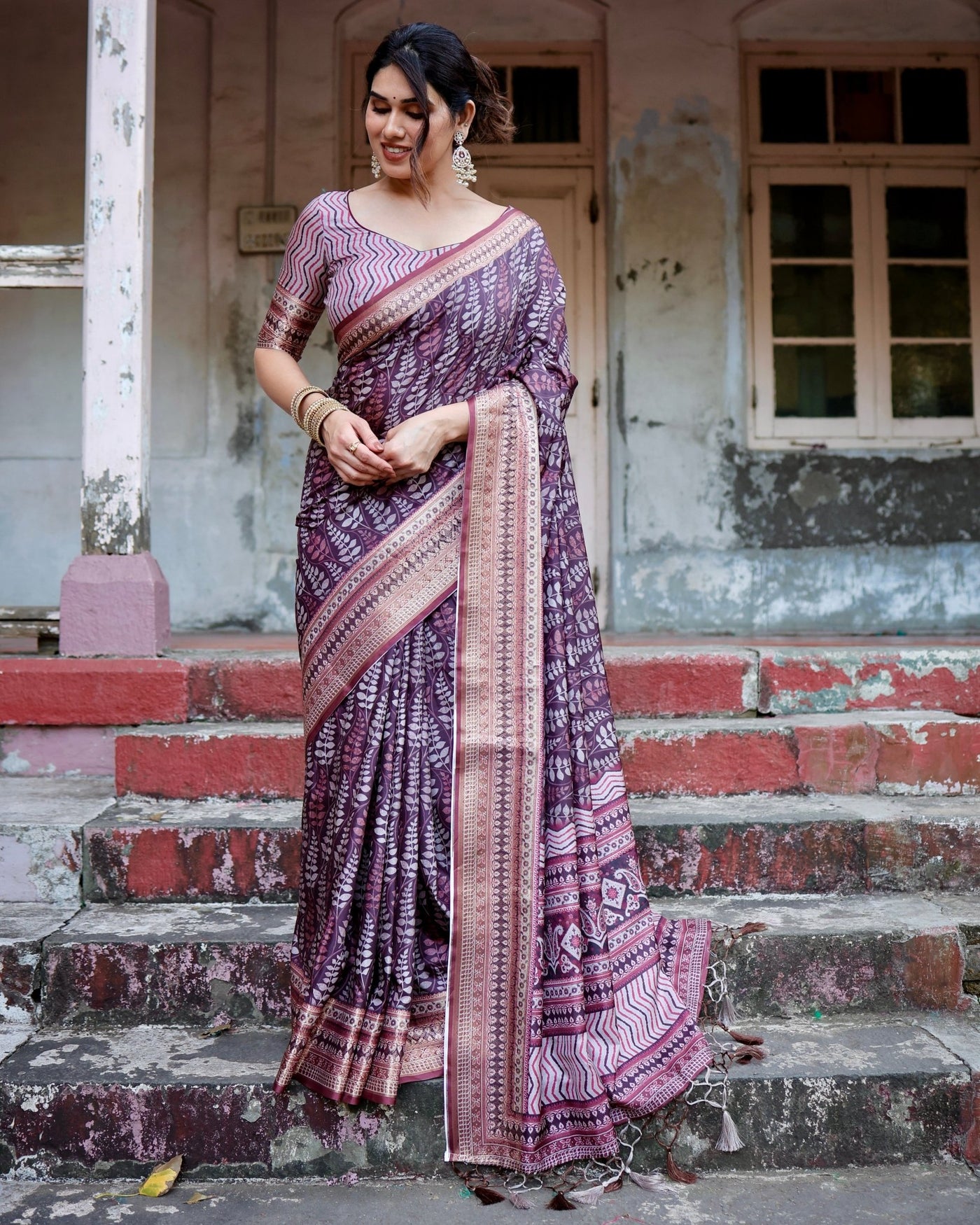 Pure Silk Digitally Printed Saree Weaved With Golden Zari Comes With Tassels - Almaari Fashion